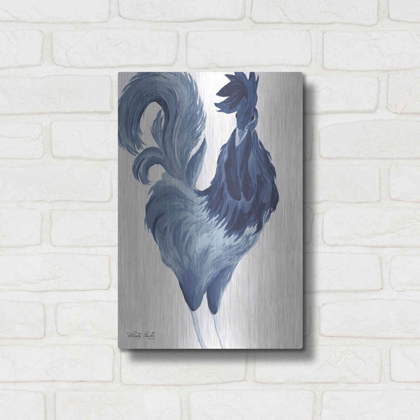 Luxe Metal Art 'Green & Purple Rooster I' by Cindy Jacobs, Metal Wall Art,12x16