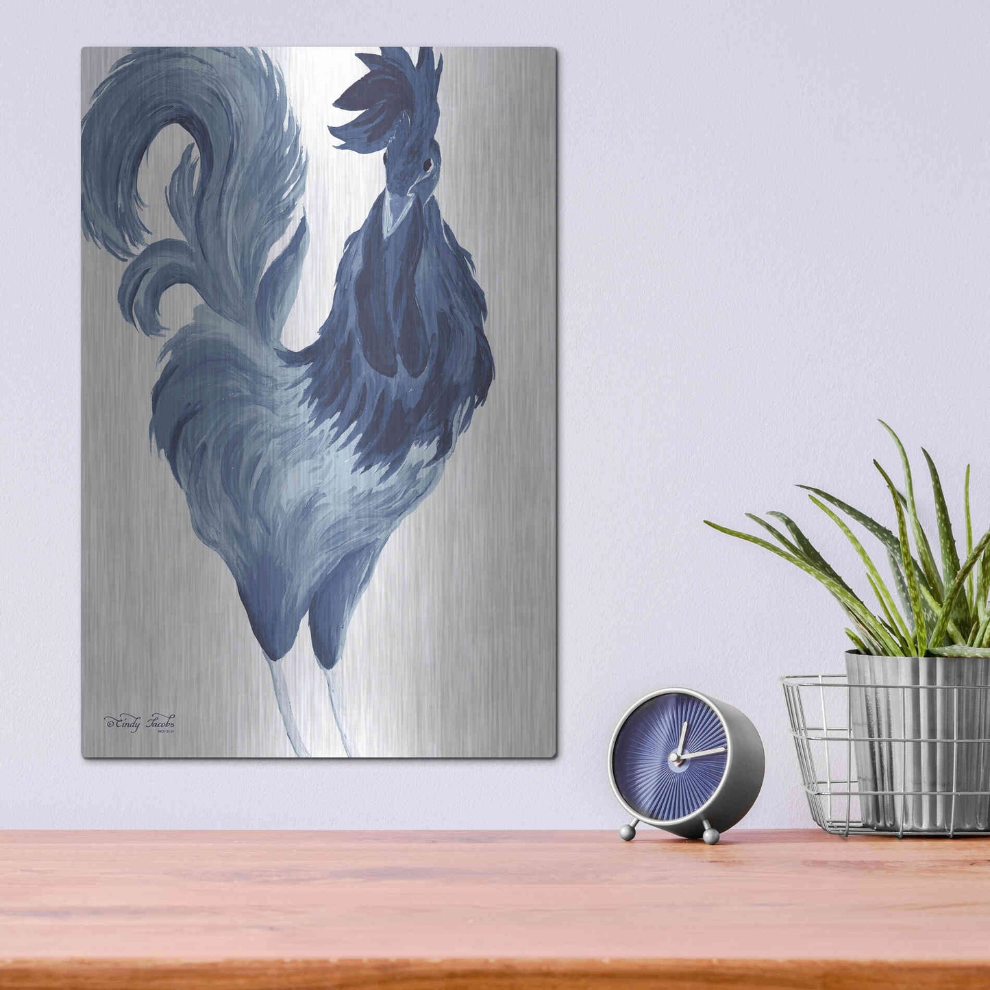 Luxe Metal Art 'Green & Purple Rooster I' by Cindy Jacobs, Metal Wall Art,12x16