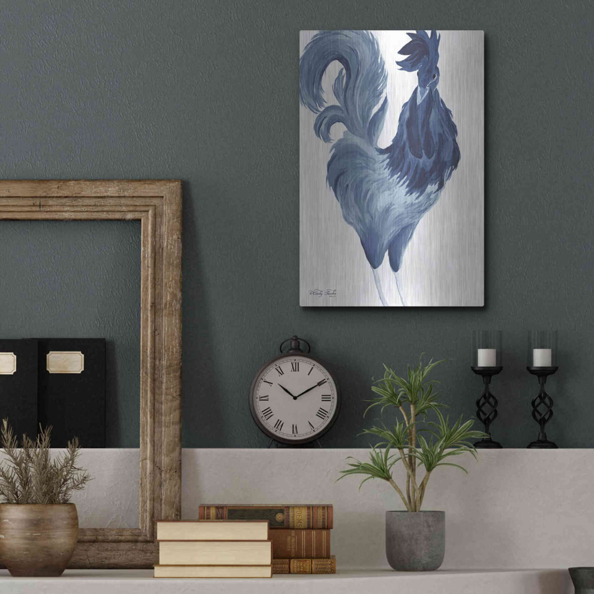 Luxe Metal Art 'Green & Purple Rooster I' by Cindy Jacobs, Metal Wall Art,12x16