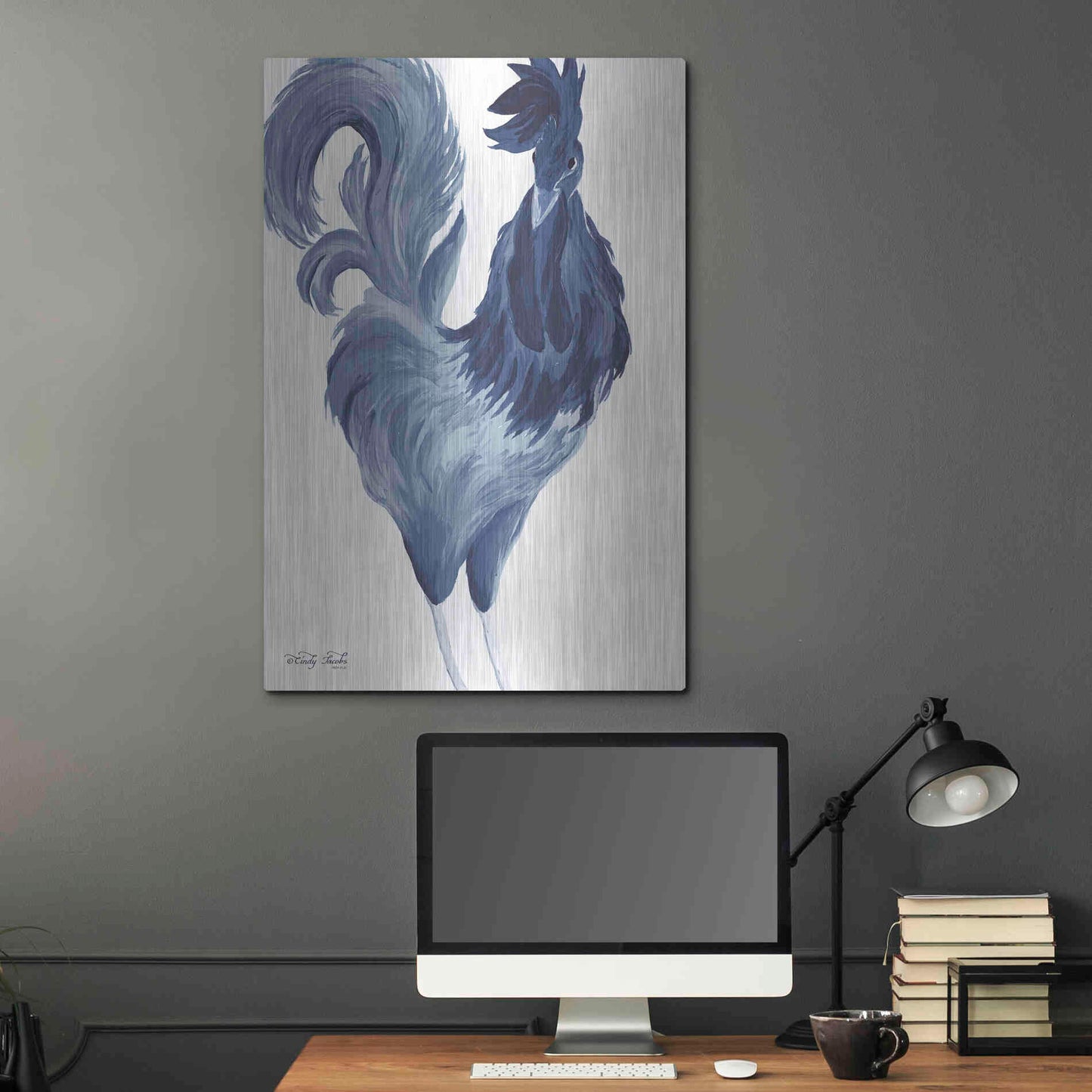 Luxe Metal Art 'Green & Purple Rooster I' by Cindy Jacobs, Metal Wall Art,24x36