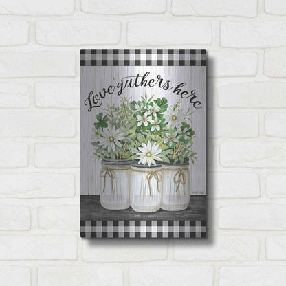 Luxe Metal Art 'Love Gathers Here' by Cindy Jacobs, Metal Wall Art,12x16