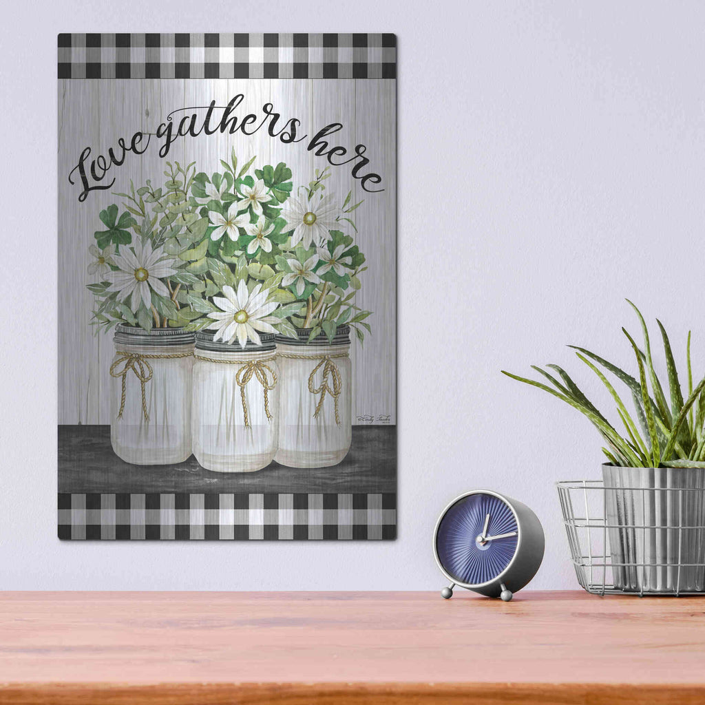 Luxe Metal Art 'Love Gathers Here' by Cindy Jacobs, Metal Wall Art,12x16