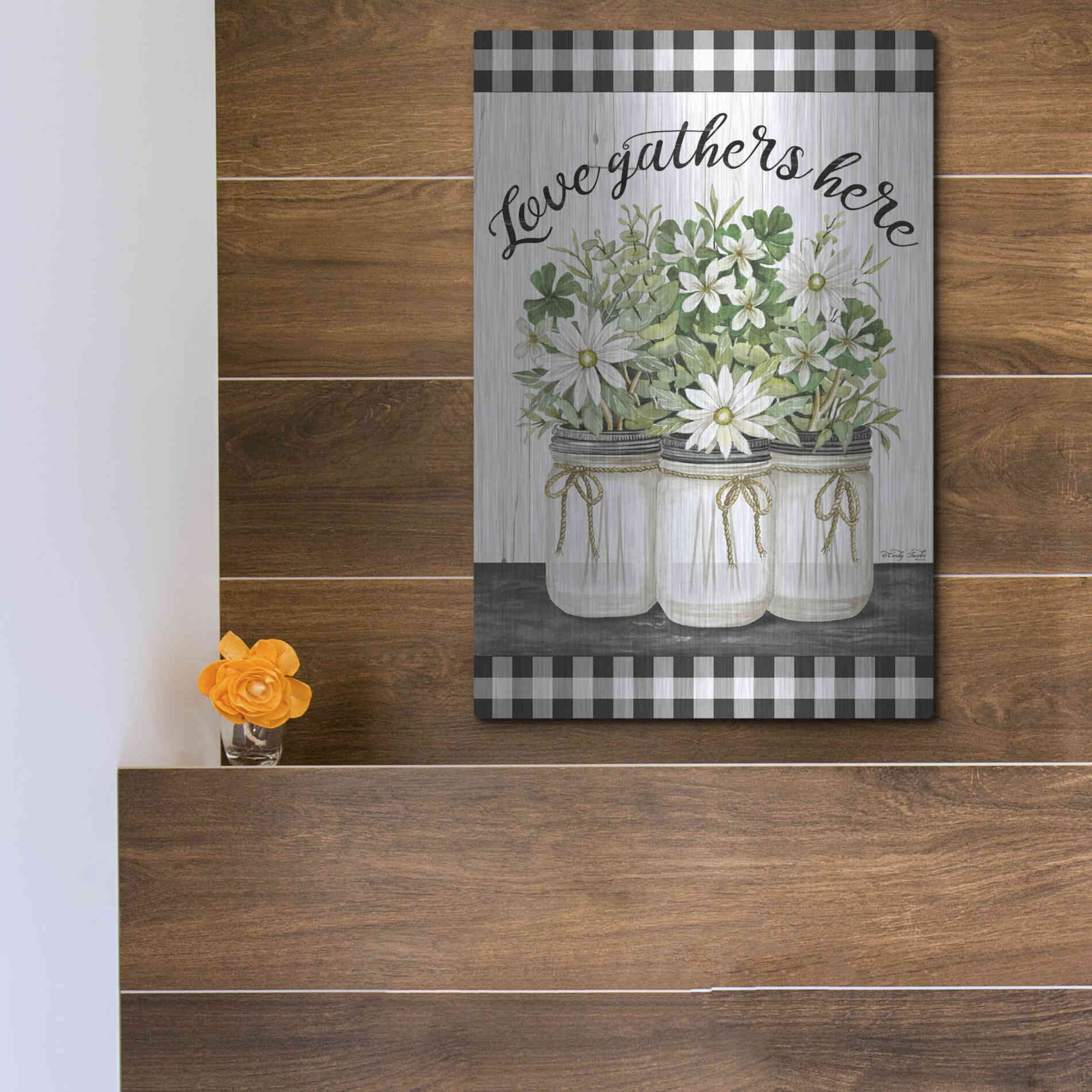 Luxe Metal Art 'Love Gathers Here' by Cindy Jacobs, Metal Wall Art,12x16