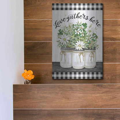 Luxe Metal Art 'Love Gathers Here' by Cindy Jacobs, Metal Wall Art,12x16