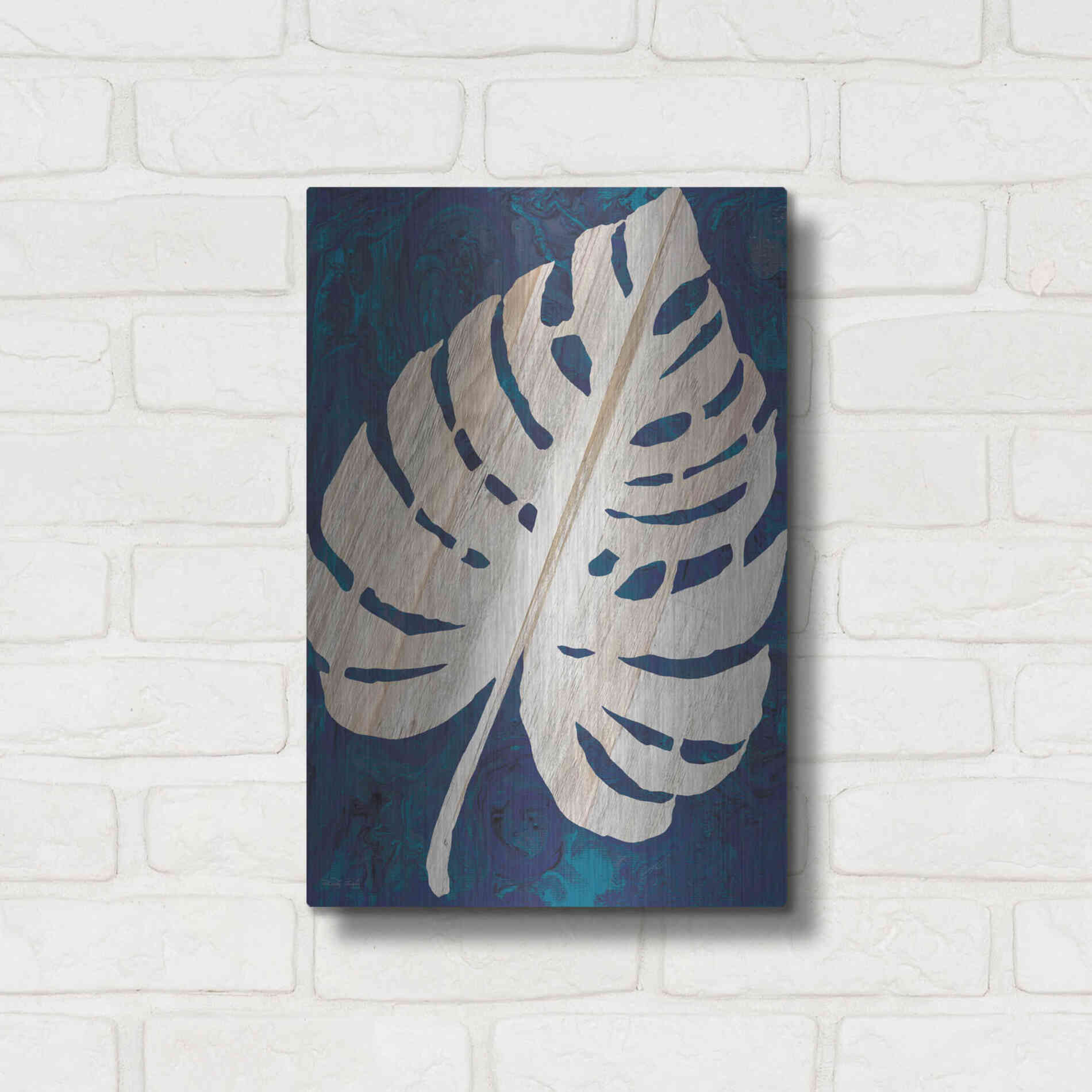 Luxe Metal Art 'Monstera Navy' by Cindy Jacobs, Metal Wall Art,12x16
