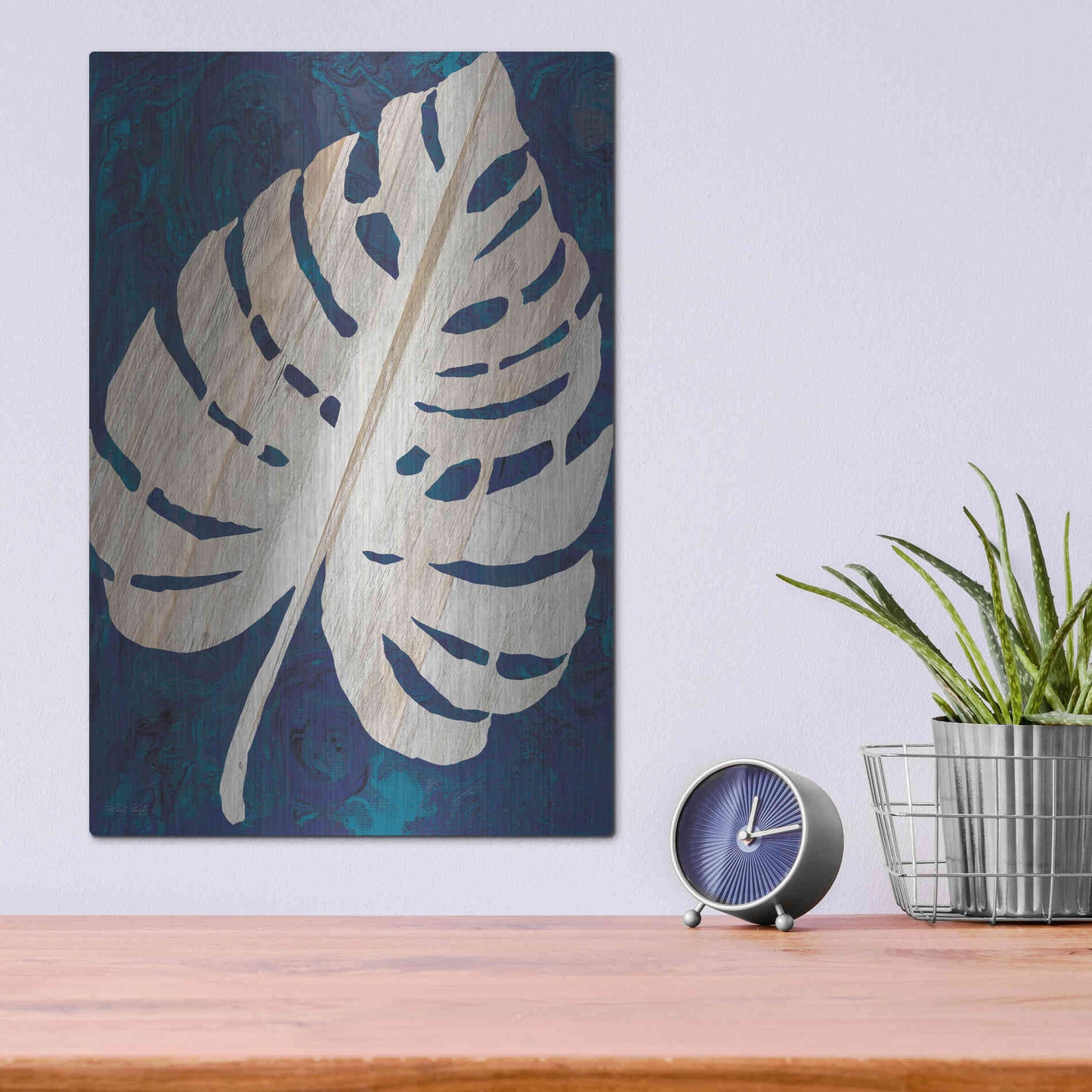 Luxe Metal Art 'Monstera Navy' by Cindy Jacobs, Metal Wall Art,12x16