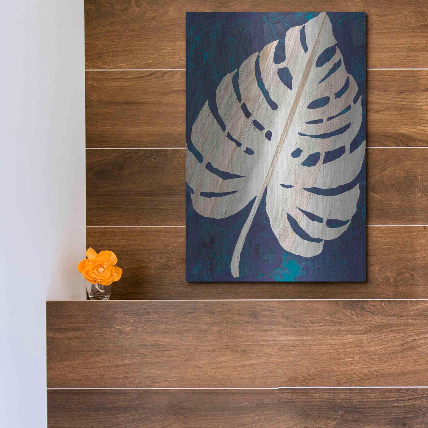 Luxe Metal Art 'Monstera Navy' by Cindy Jacobs, Metal Wall Art,12x16