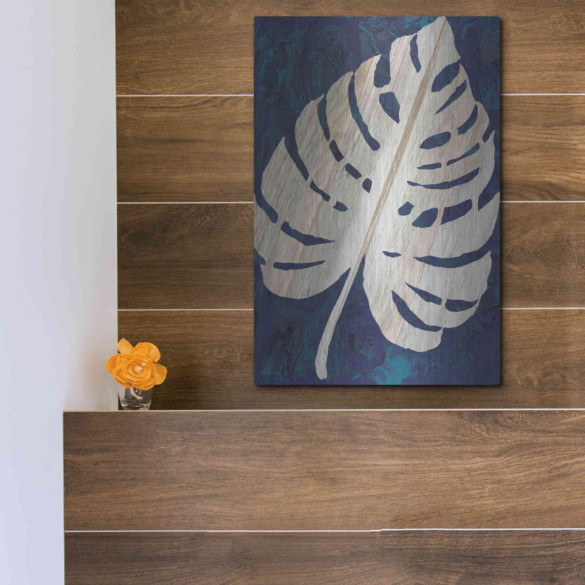 Luxe Metal Art 'Monstera Navy' by Cindy Jacobs, Metal Wall Art,12x16