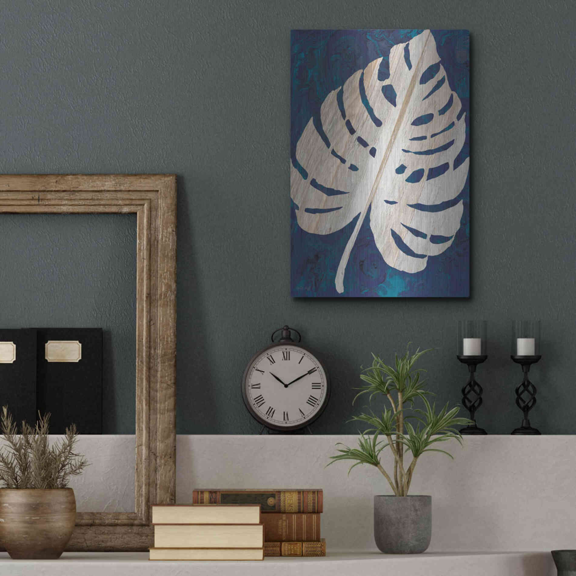 Luxe Metal Art 'Monstera Navy' by Cindy Jacobs, Metal Wall Art,12x16