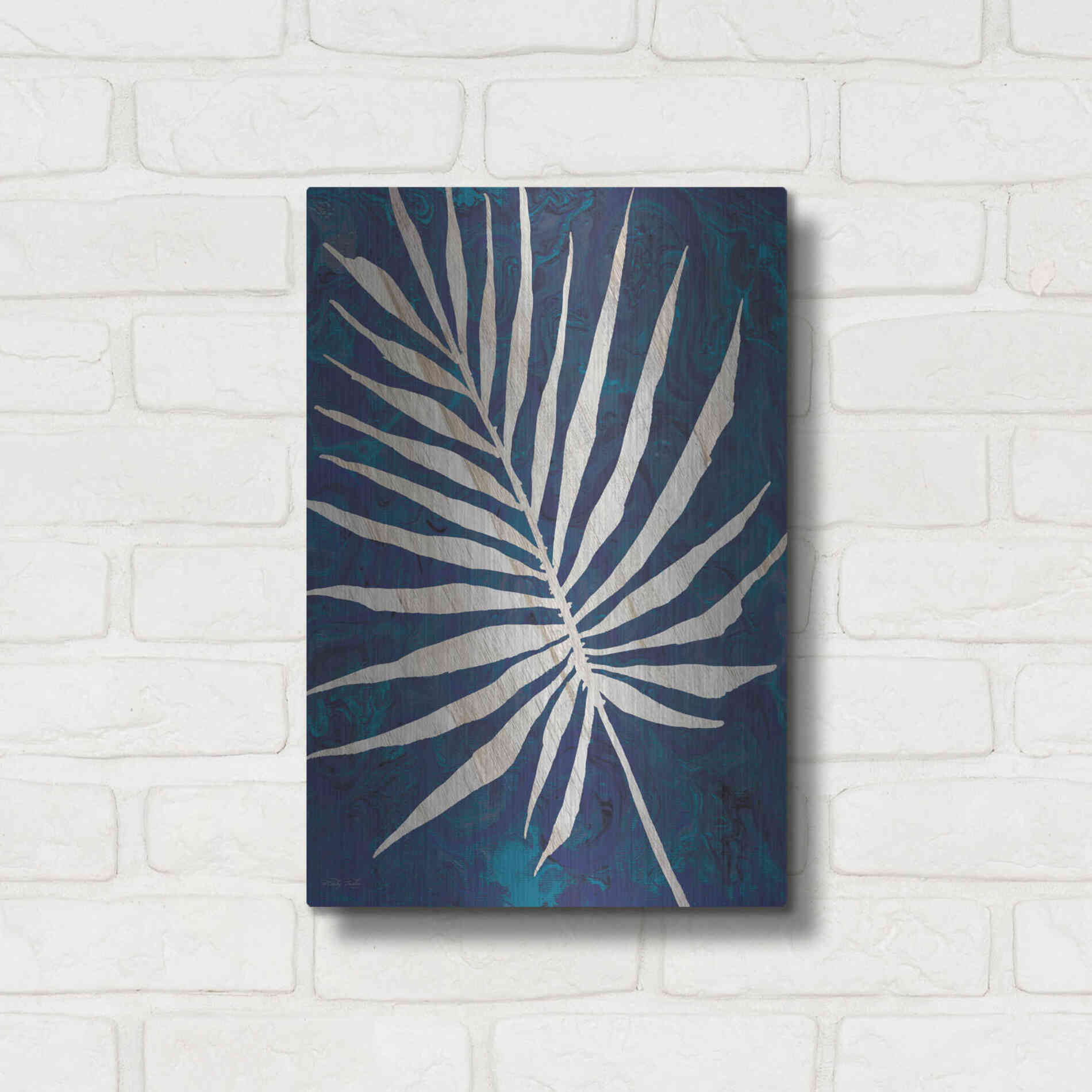 Luxe Metal Art 'Palm Leaf Navy' by Cindy Jacobs, Metal Wall Art,12x16