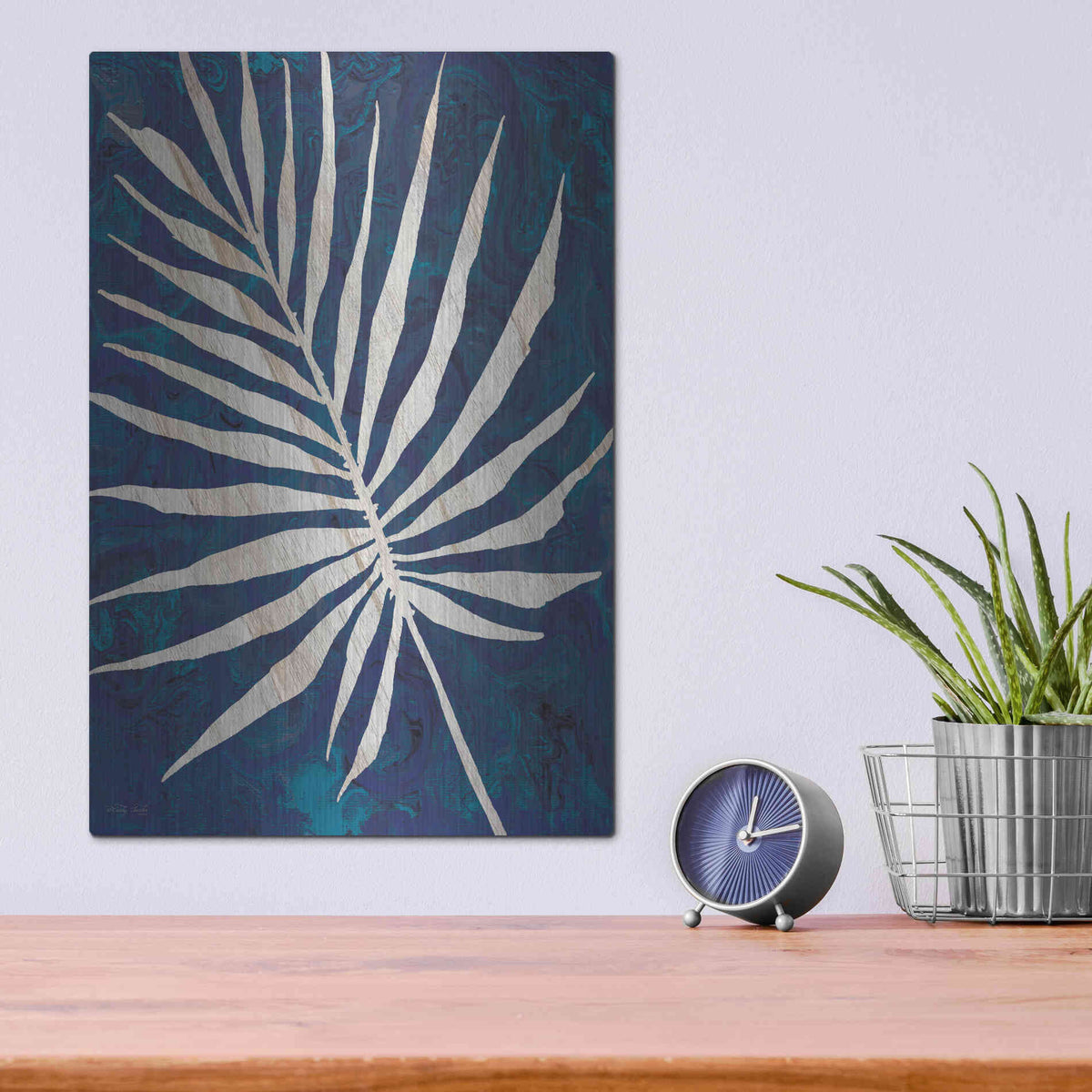 Luxe Metal Art 'Palm Leaf Navy' by Cindy Jacobs, Metal Wall Art,12x16