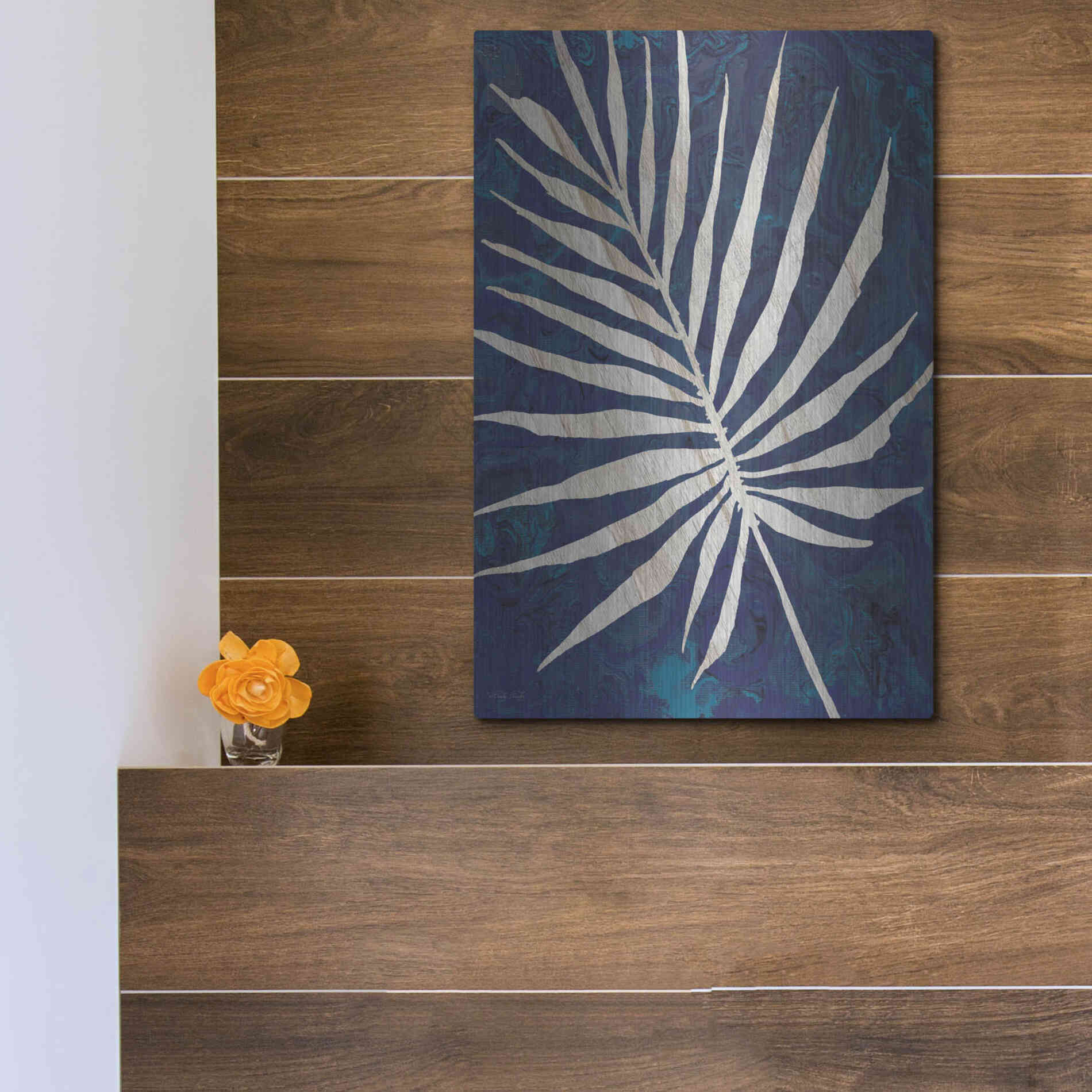 Luxe Metal Art 'Palm Leaf Navy' by Cindy Jacobs, Metal Wall Art,12x16