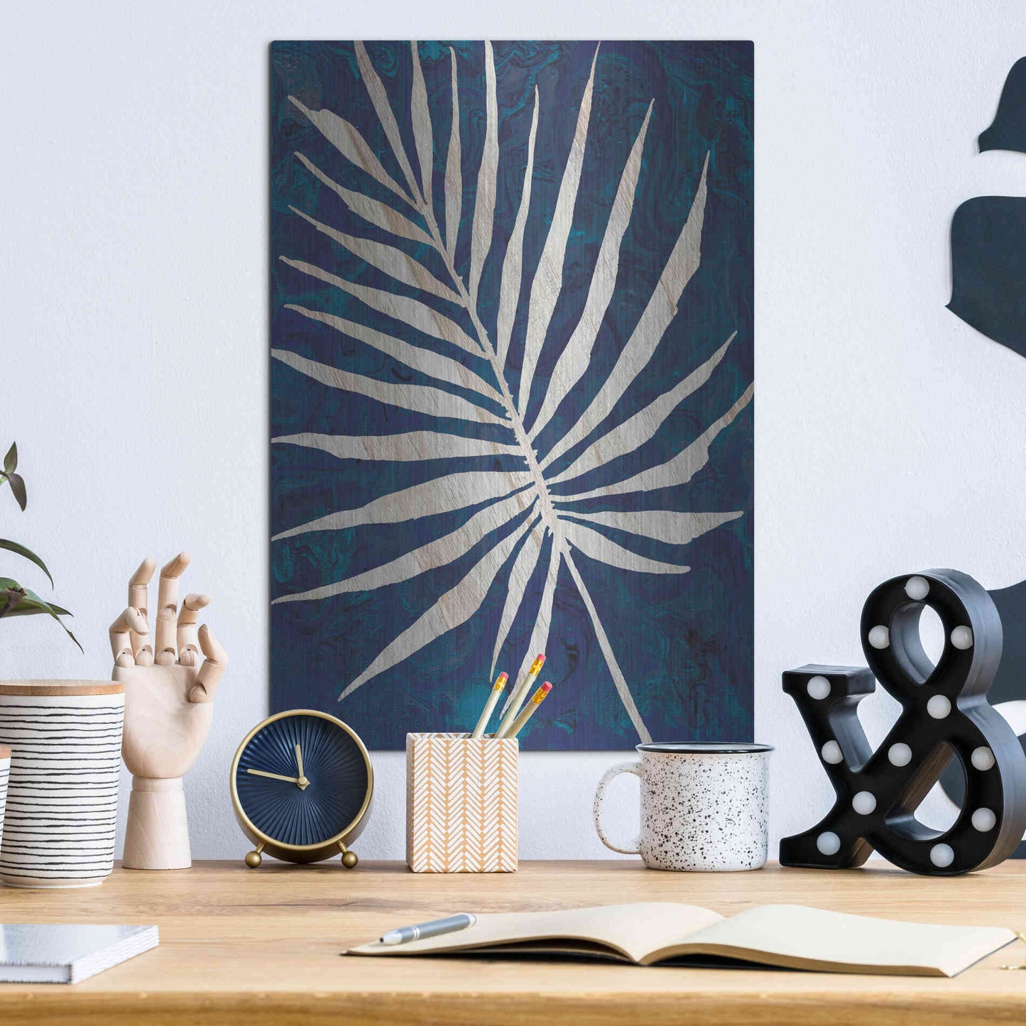 Luxe Metal Art 'Palm Leaf Navy' by Cindy Jacobs, Metal Wall Art,12x16