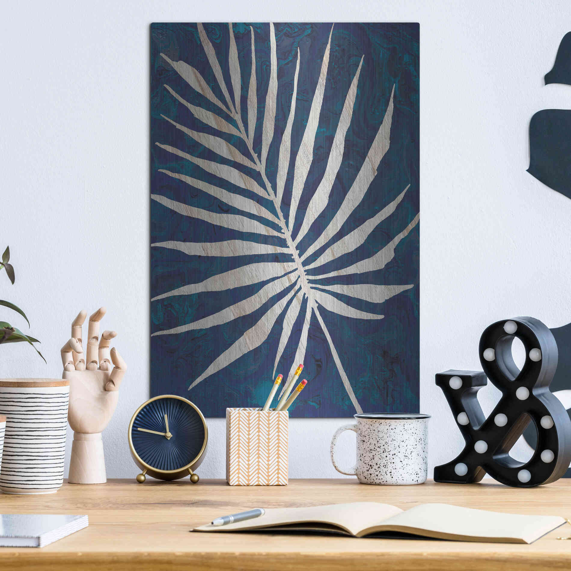 Luxe Metal Art 'Palm Leaf Navy' by Cindy Jacobs, Metal Wall Art,12x16