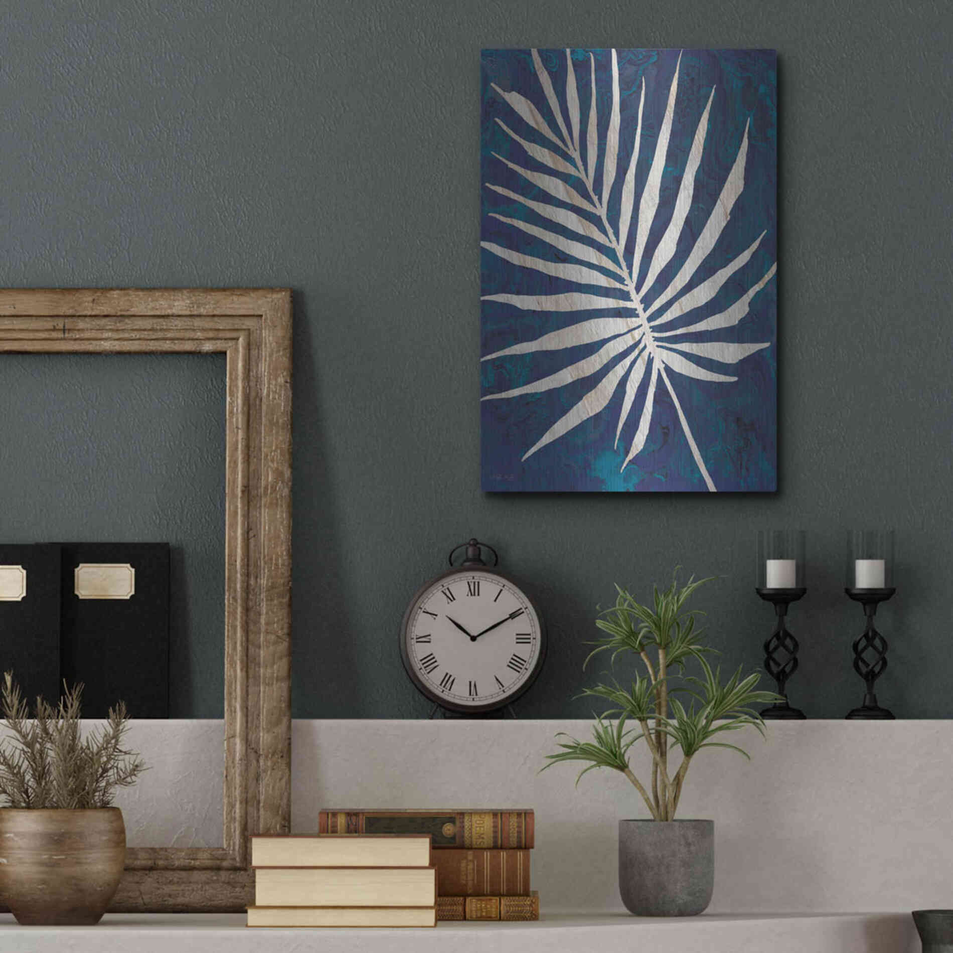 Luxe Metal Art 'Palm Leaf Navy' by Cindy Jacobs, Metal Wall Art,12x16