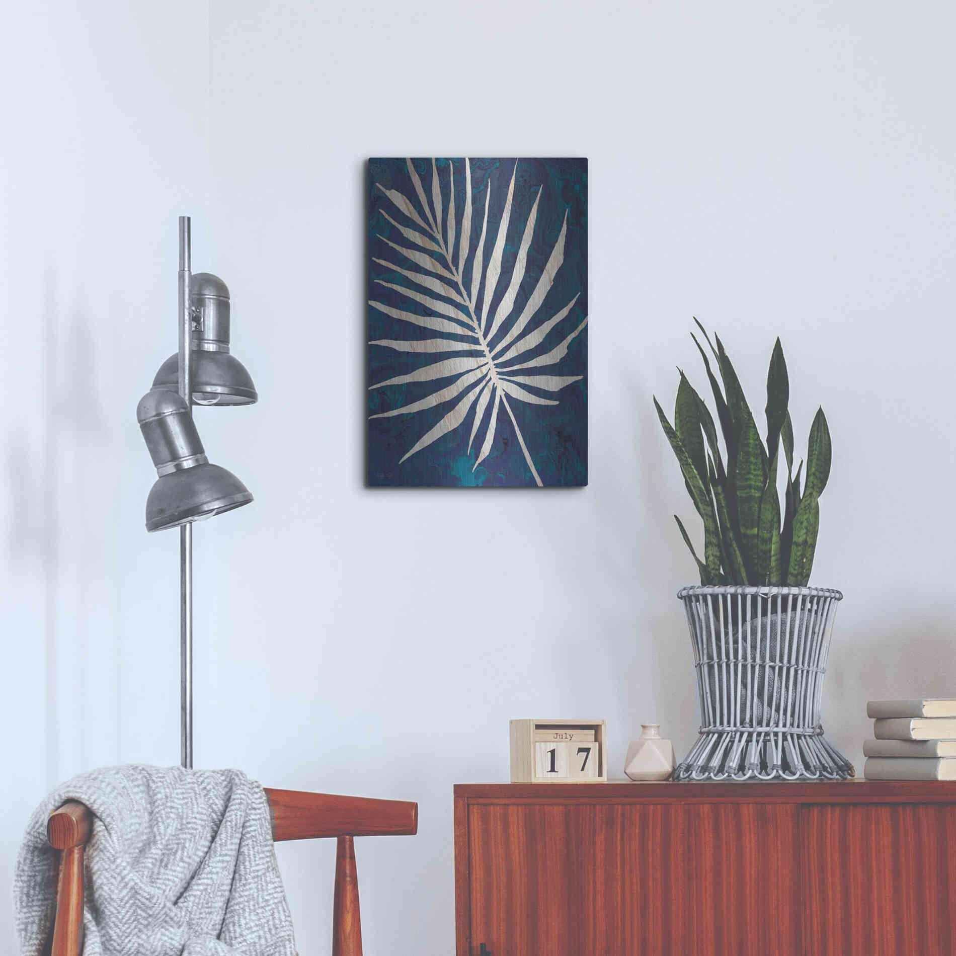 Luxe Metal Art 'Palm Leaf Navy' by Cindy Jacobs, Metal Wall Art,16x24