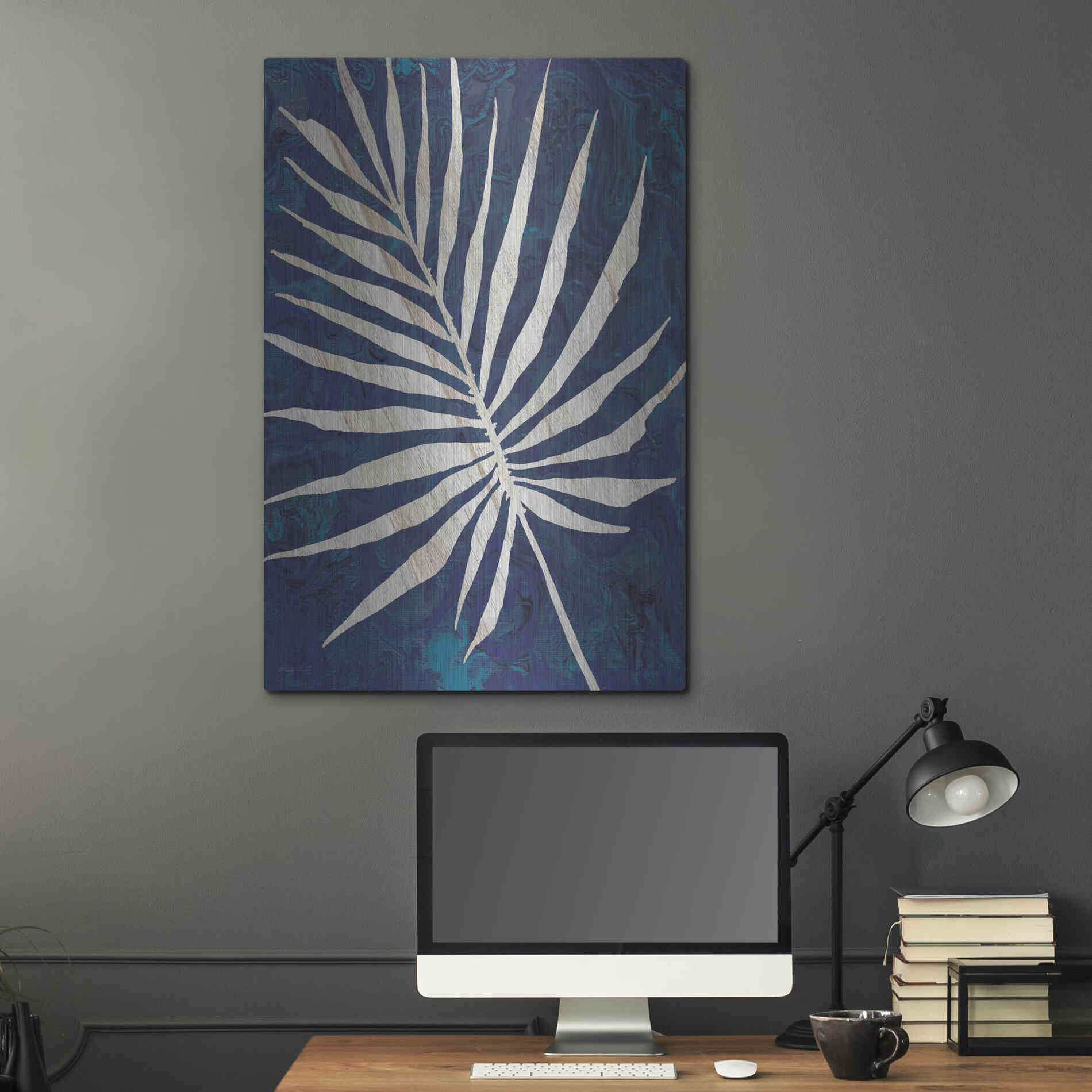 Luxe Metal Art 'Palm Leaf Navy' by Cindy Jacobs, Metal Wall Art,24x36
