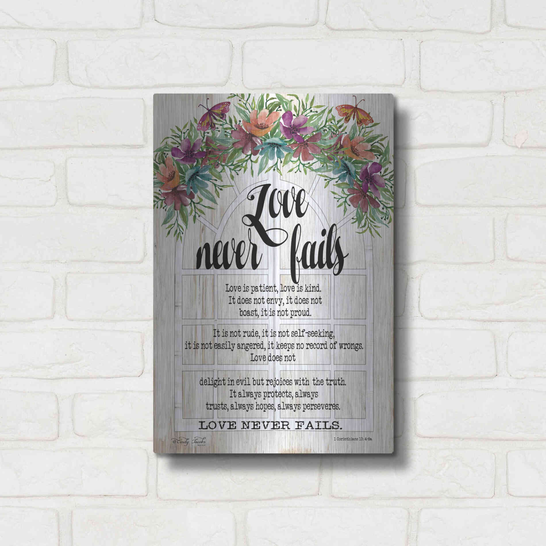 Luxe Metal Art 'Floral Love Never Fails' by Cindy Jacobs, Metal Wall Art,12x16