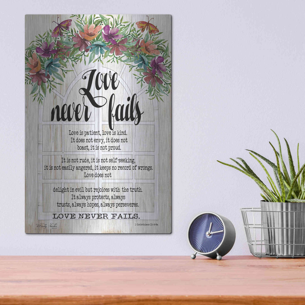 Luxe Metal Art 'Floral Love Never Fails' by Cindy Jacobs, Metal Wall Art,12x16