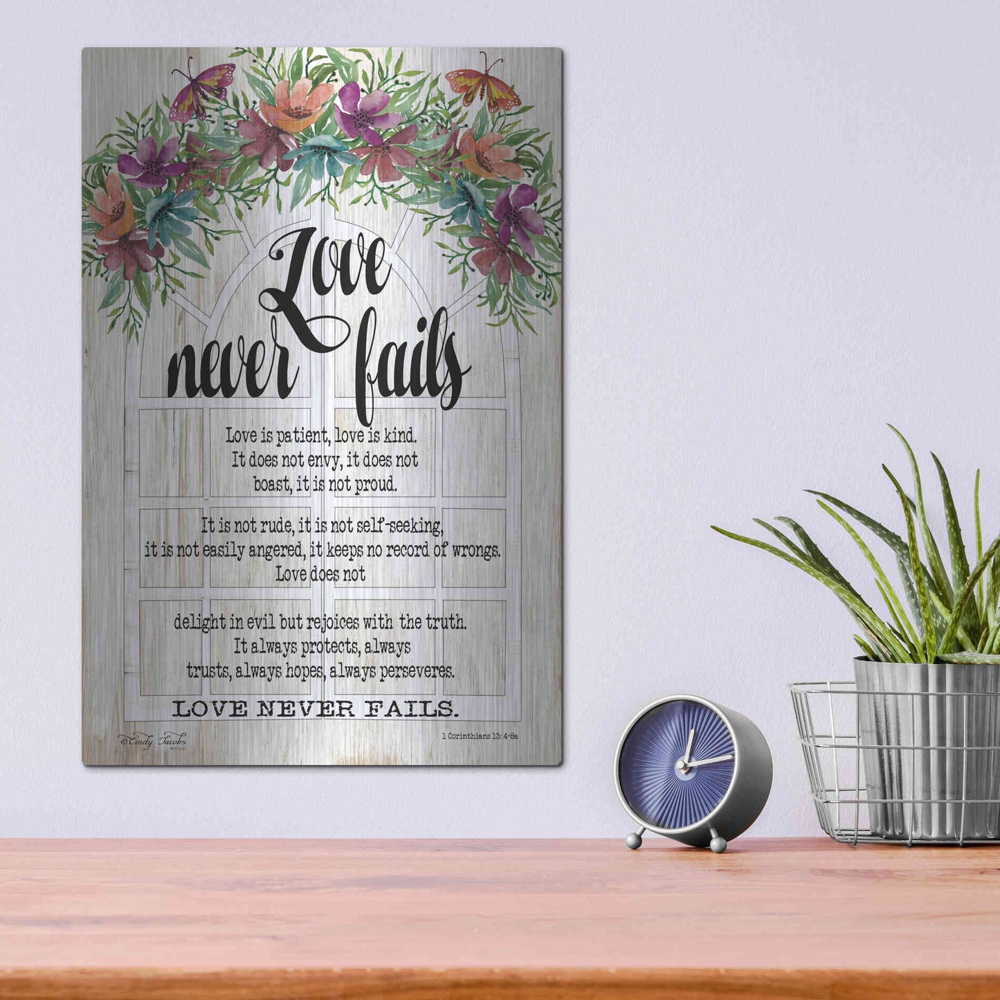 Luxe Metal Art 'Floral Love Never Fails' by Cindy Jacobs, Metal Wall Art,12x16