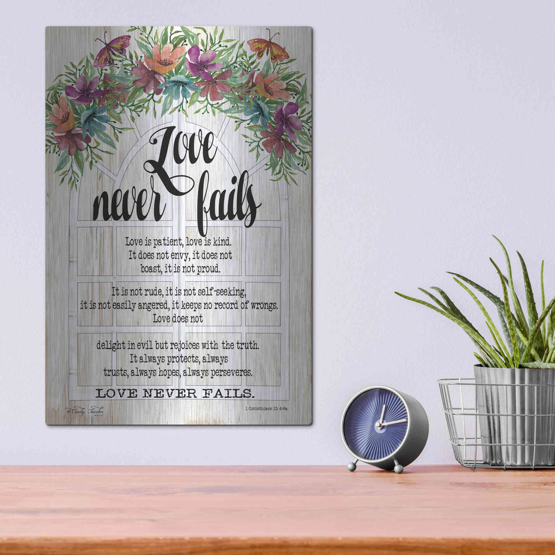 Luxe Metal Art 'Floral Love Never Fails' by Cindy Jacobs, Metal Wall Art,12x16