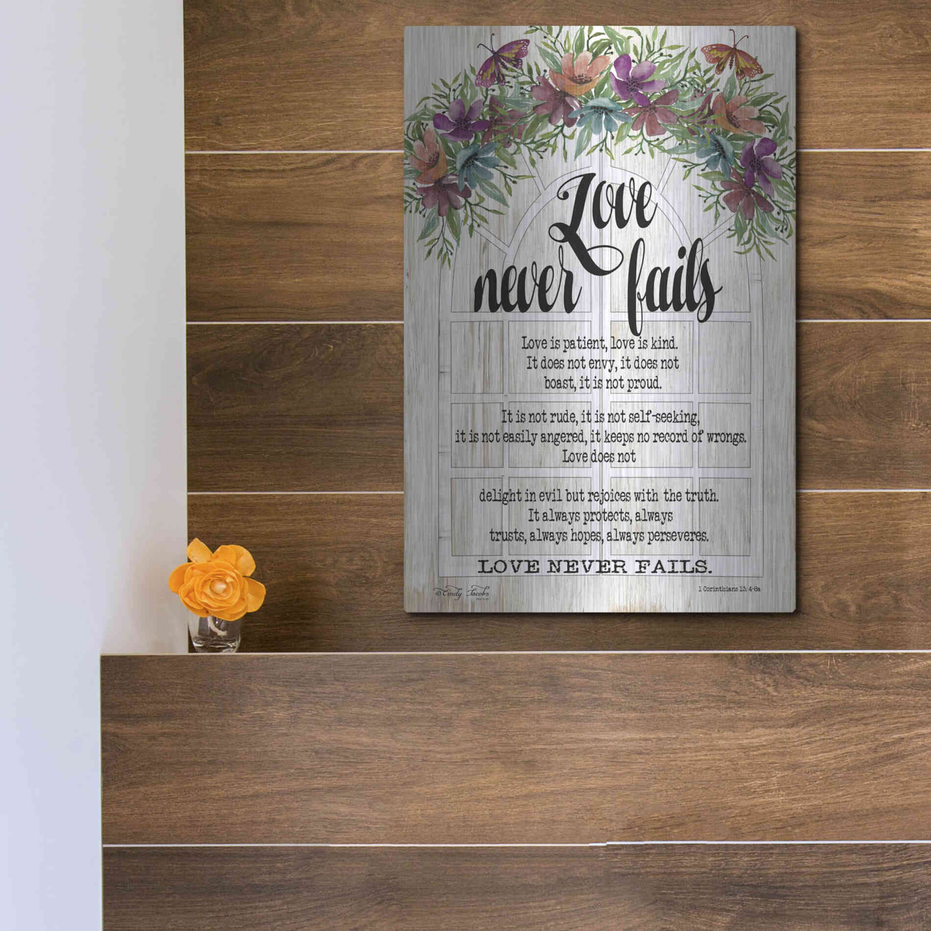 Luxe Metal Art 'Floral Love Never Fails' by Cindy Jacobs, Metal Wall Art,12x16