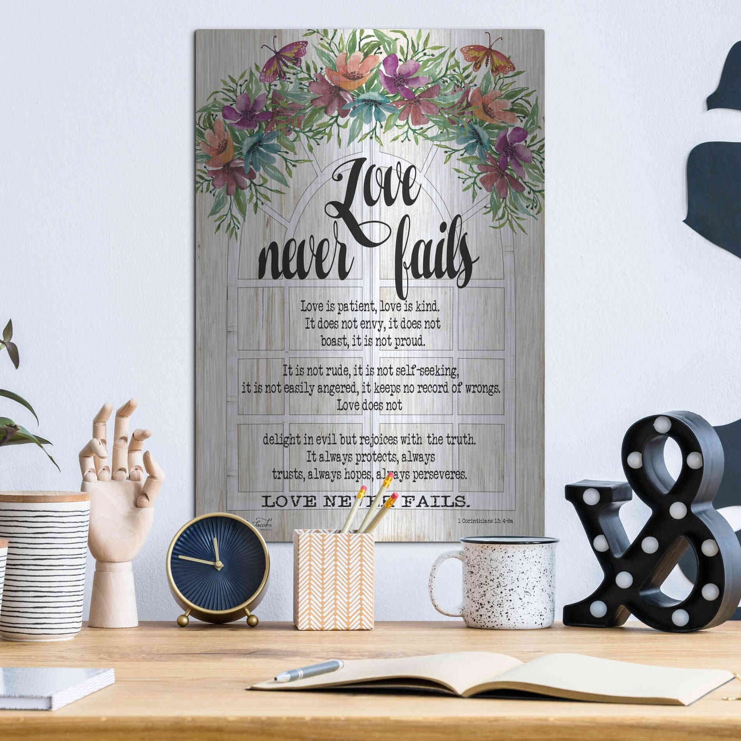 Luxe Metal Art 'Floral Love Never Fails' by Cindy Jacobs, Metal Wall Art,12x16