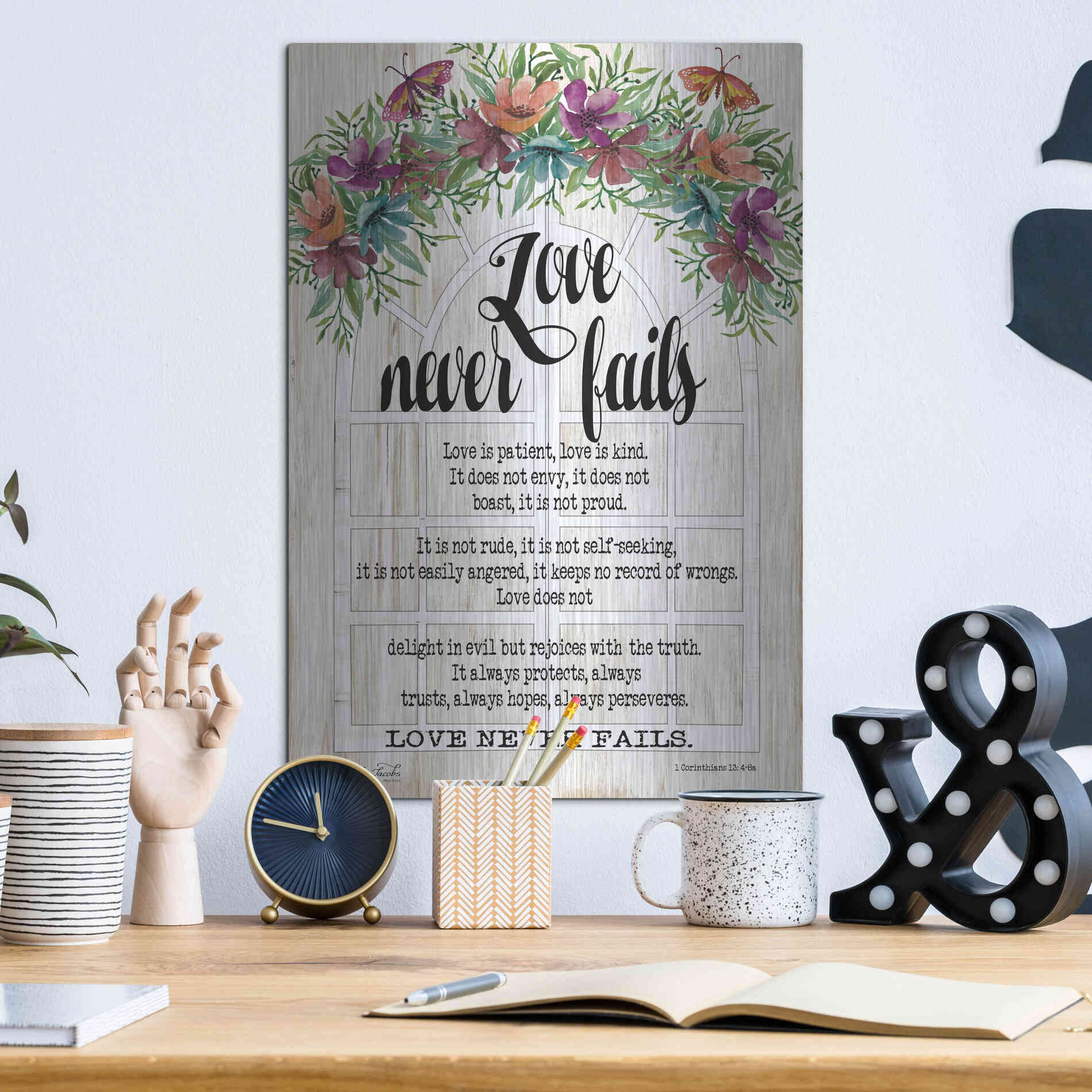 Luxe Metal Art 'Floral Love Never Fails' by Cindy Jacobs, Metal Wall Art,12x16