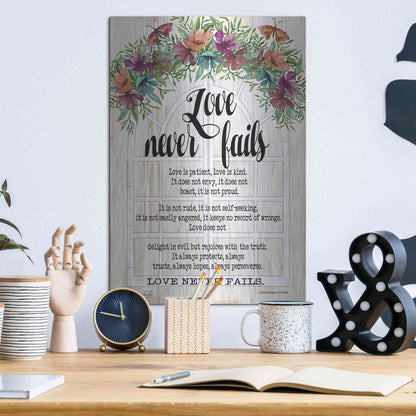 Luxe Metal Art 'Floral Love Never Fails' by Cindy Jacobs, Metal Wall Art,12x16