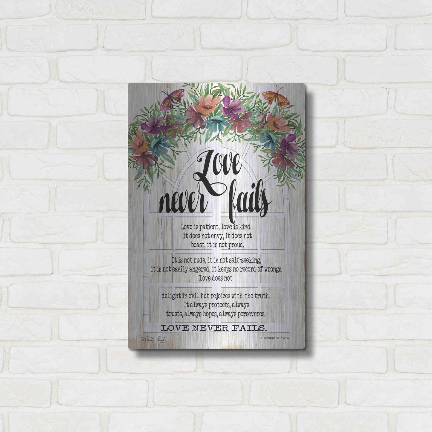 Luxe Metal Art 'Floral Love Never Fails' by Cindy Jacobs, Metal Wall Art,16x24