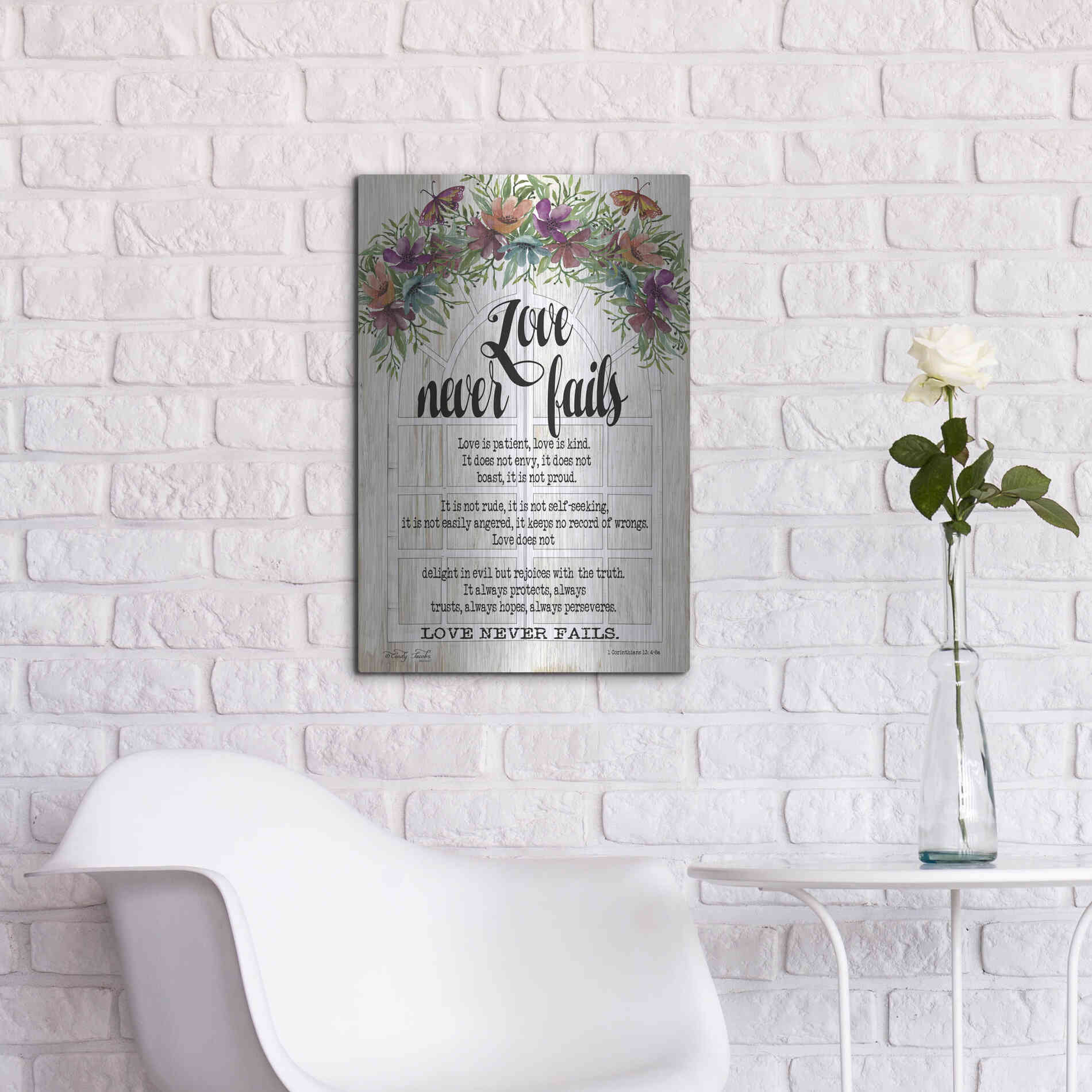 Luxe Metal Art 'Floral Love Never Fails' by Cindy Jacobs, Metal Wall Art,16x24