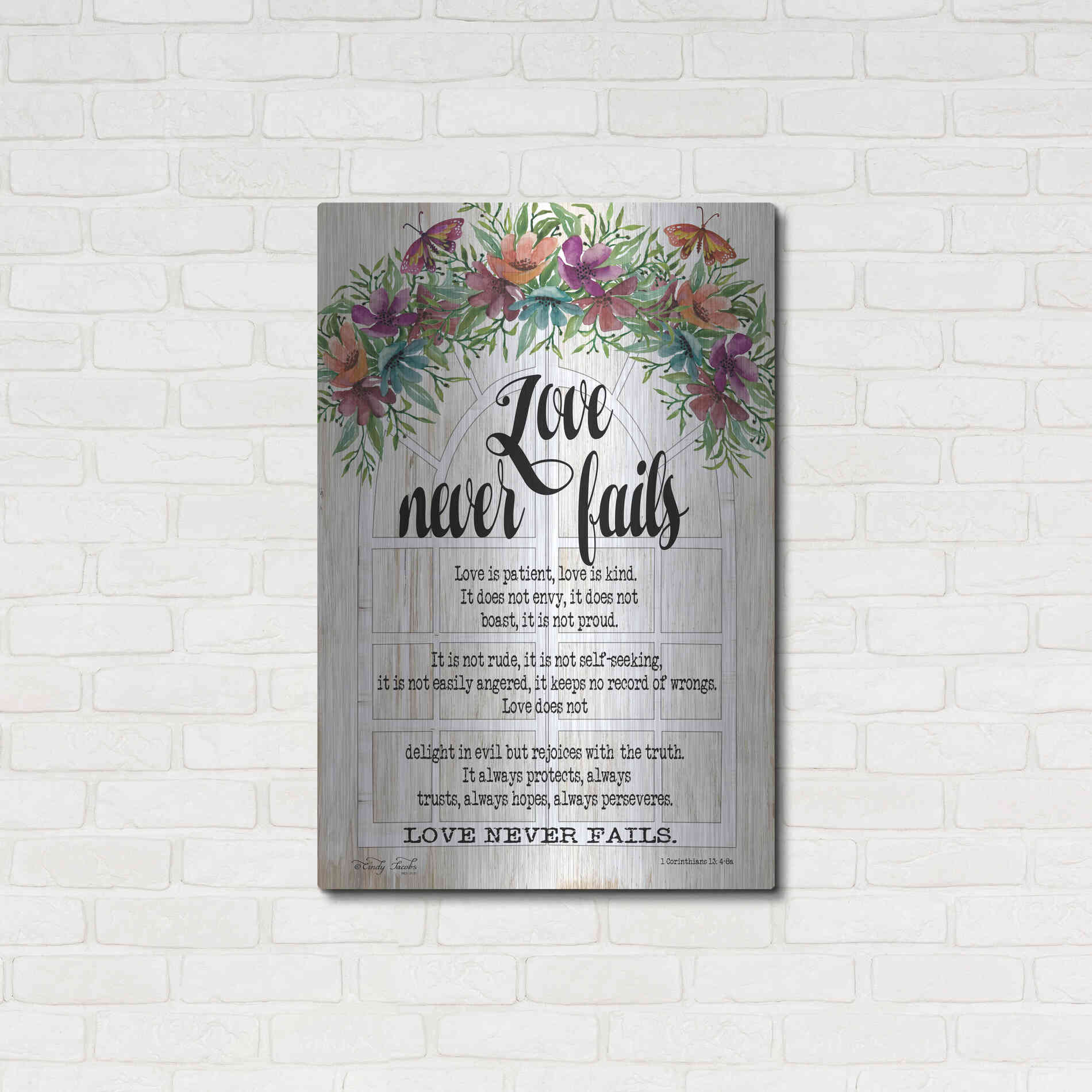 Luxe Metal Art 'Floral Love Never Fails' by Cindy Jacobs, Metal Wall Art,24x36