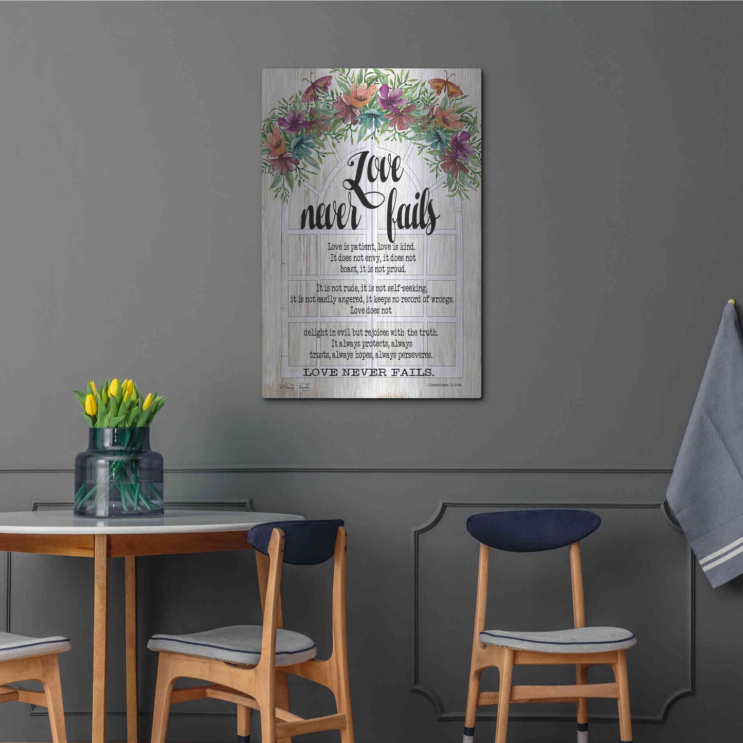 Luxe Metal Art 'Floral Love Never Fails' by Cindy Jacobs, Metal Wall Art,24x36