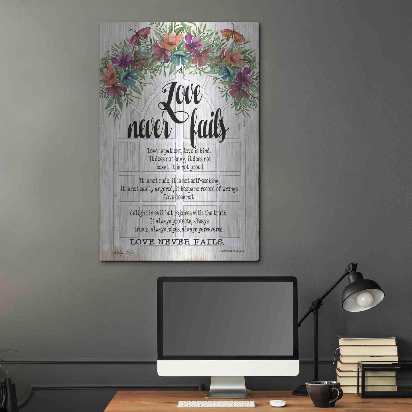Luxe Metal Art 'Floral Love Never Fails' by Cindy Jacobs, Metal Wall Art,24x36