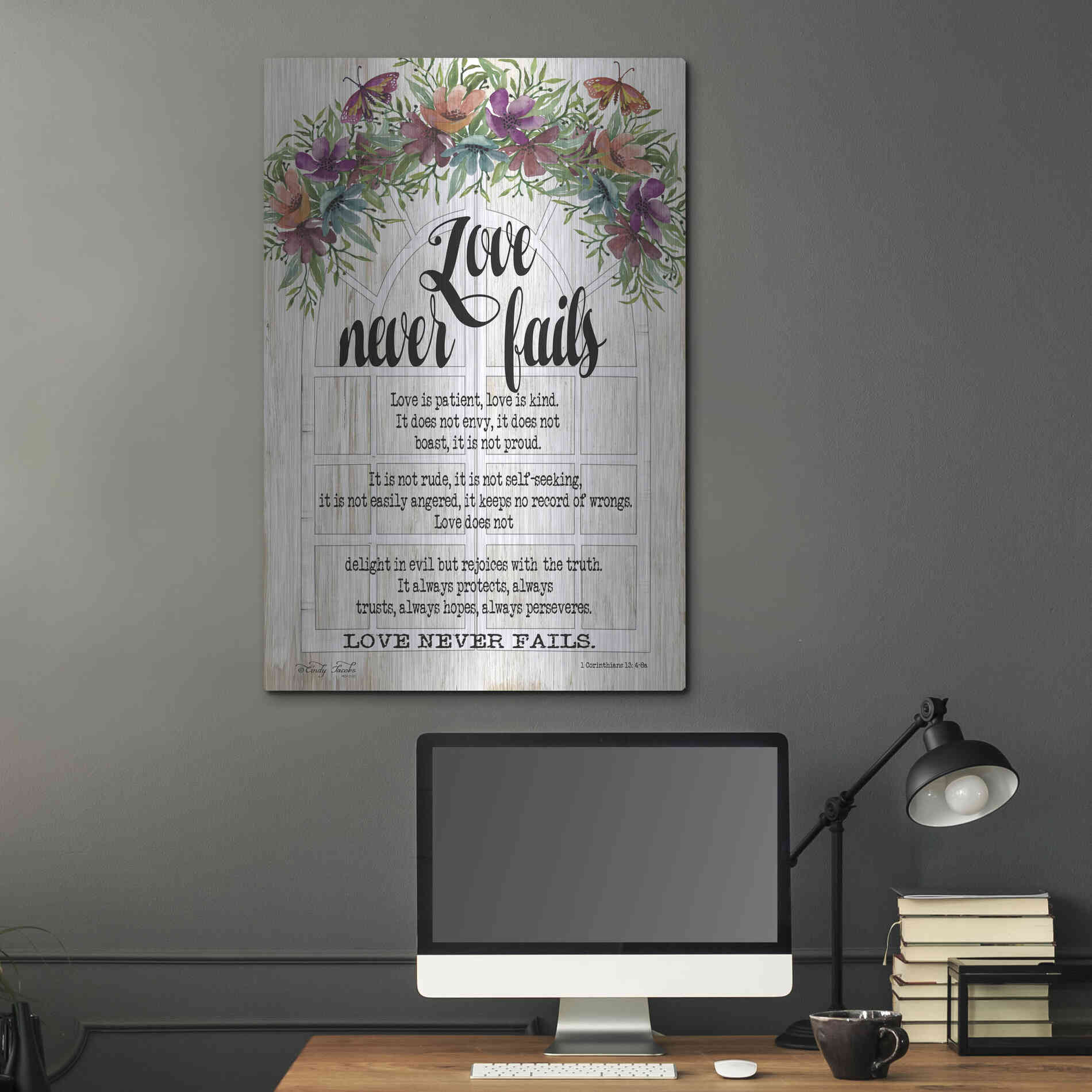 Luxe Metal Art 'Floral Love Never Fails' by Cindy Jacobs, Metal Wall Art,24x36