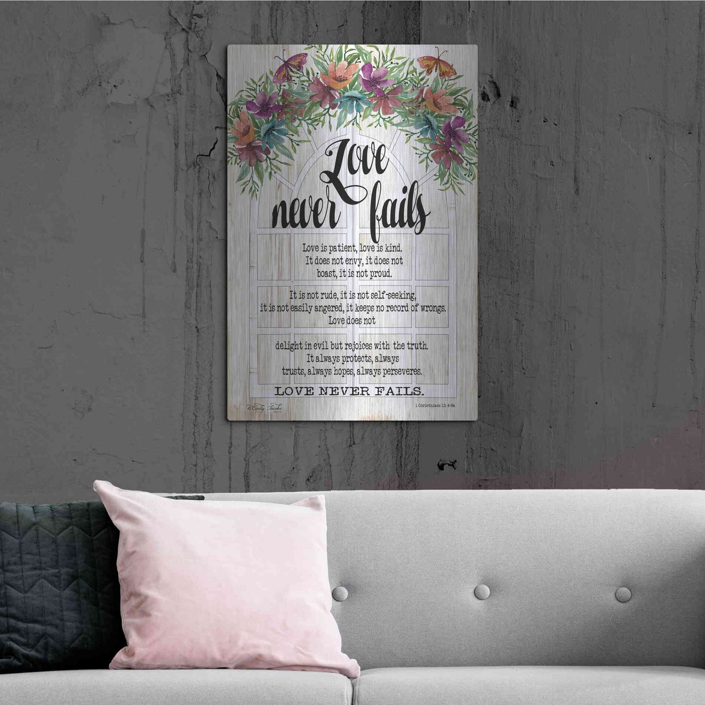 Luxe Metal Art 'Floral Love Never Fails' by Cindy Jacobs, Metal Wall Art,24x36