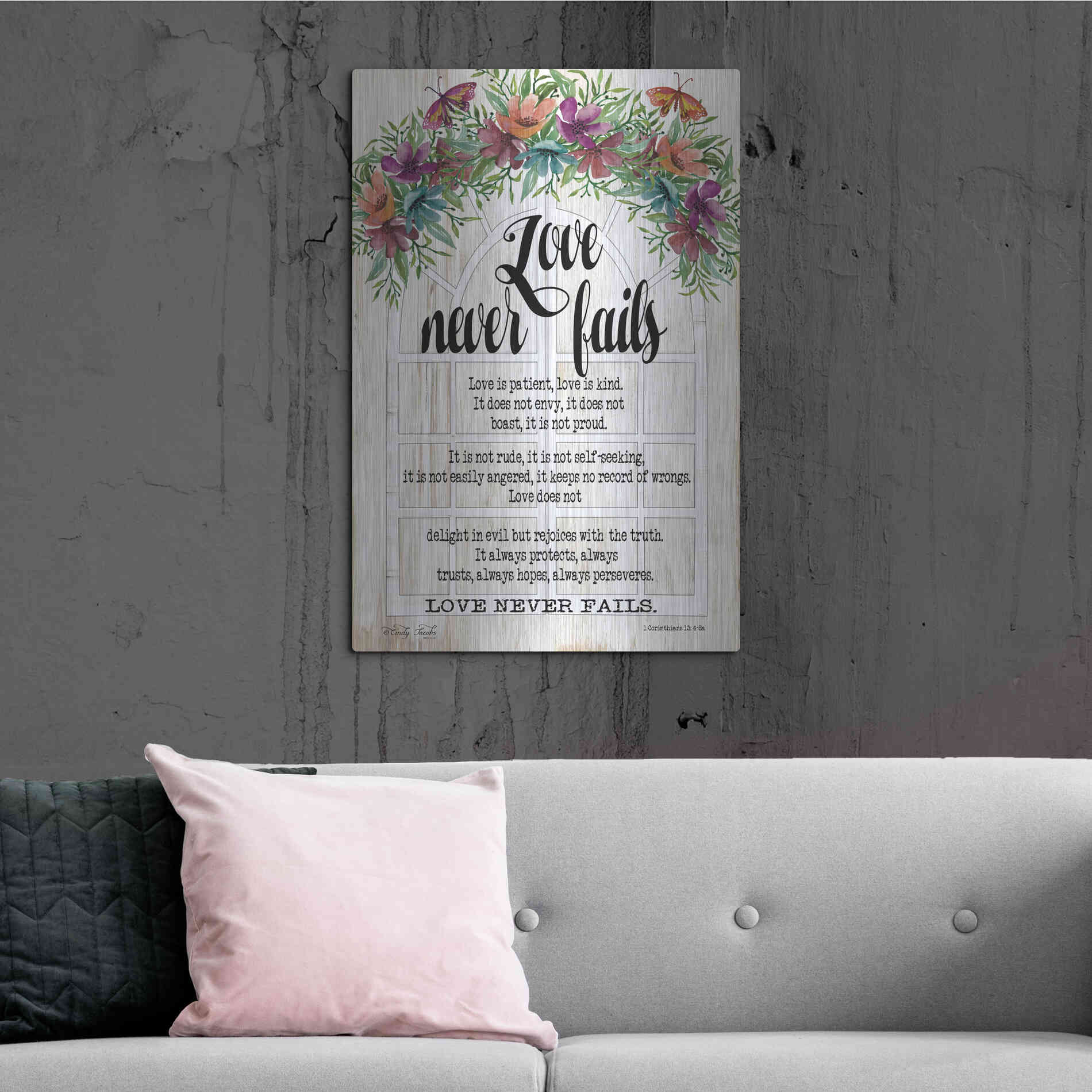 Luxe Metal Art 'Floral Love Never Fails' by Cindy Jacobs, Metal Wall Art,24x36