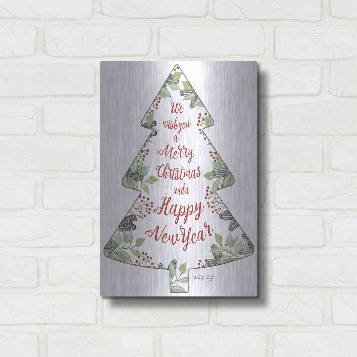 Luxe Metal Art 'Merry Christmas Wishes Tree' by Cindy Jacobs, Metal Wall Art,12x16