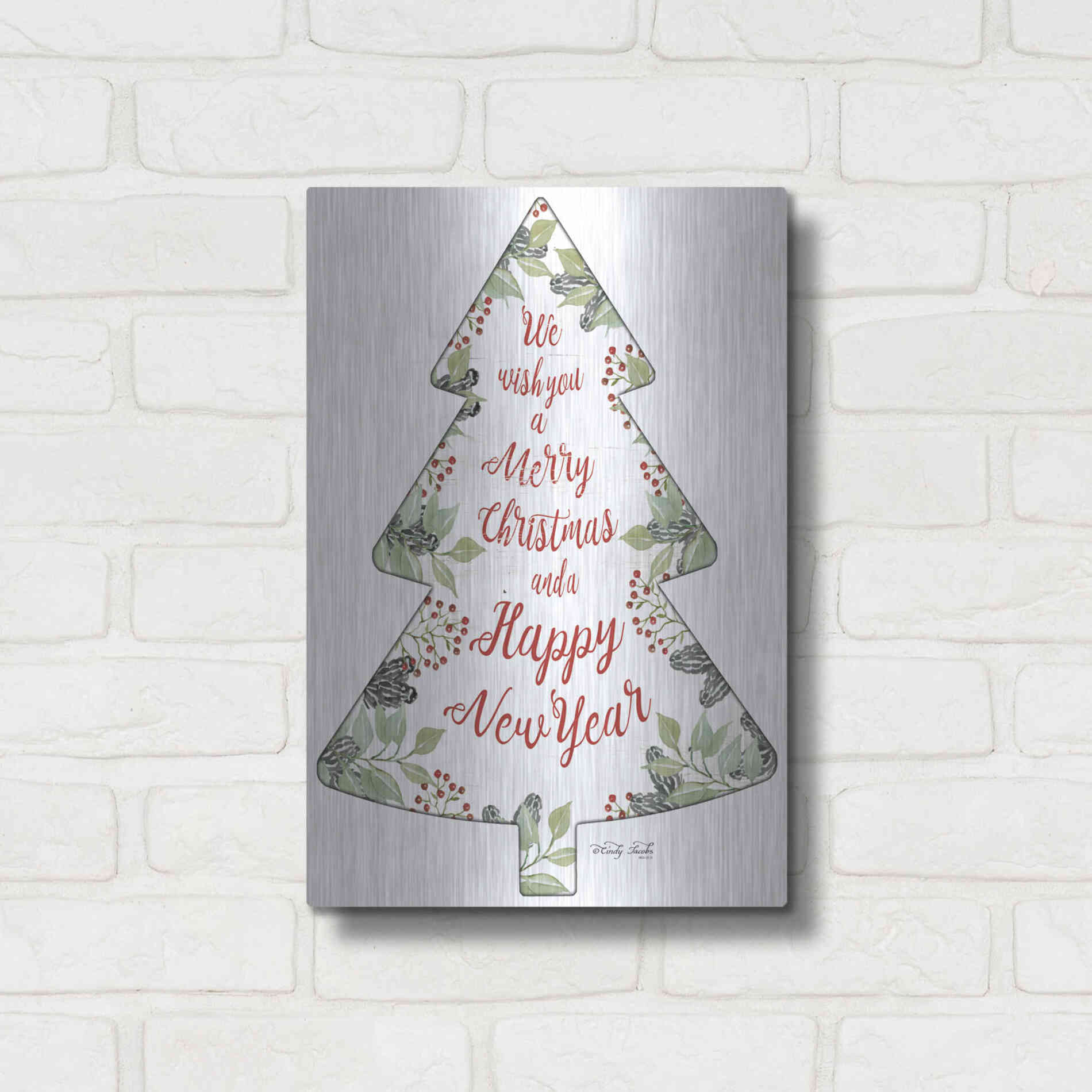 Luxe Metal Art 'Merry Christmas Wishes Tree' by Cindy Jacobs, Metal Wall Art,12x16