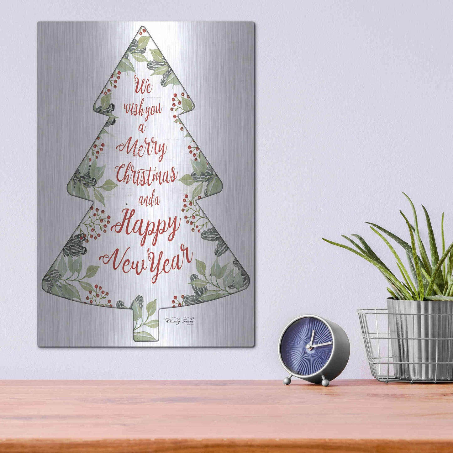 Luxe Metal Art 'Merry Christmas Wishes Tree' by Cindy Jacobs, Metal Wall Art,12x16