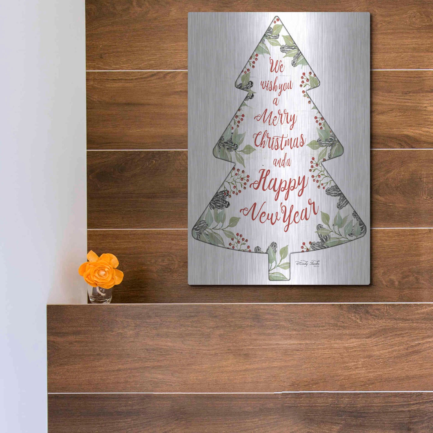 Luxe Metal Art 'Merry Christmas Wishes Tree' by Cindy Jacobs, Metal Wall Art,12x16