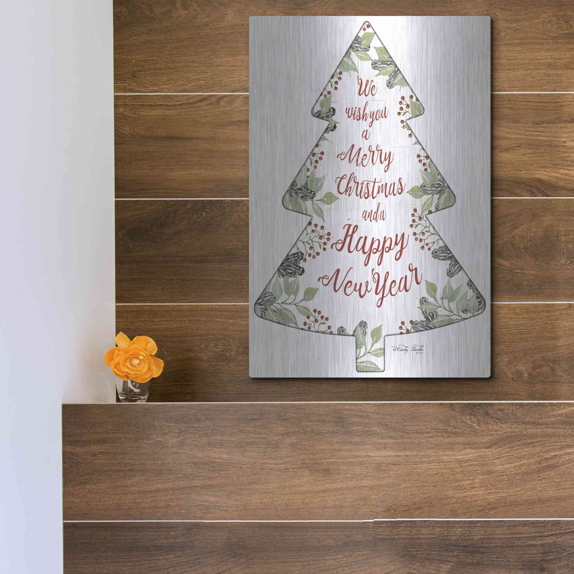 Luxe Metal Art 'Merry Christmas Wishes Tree' by Cindy Jacobs, Metal Wall Art,12x16