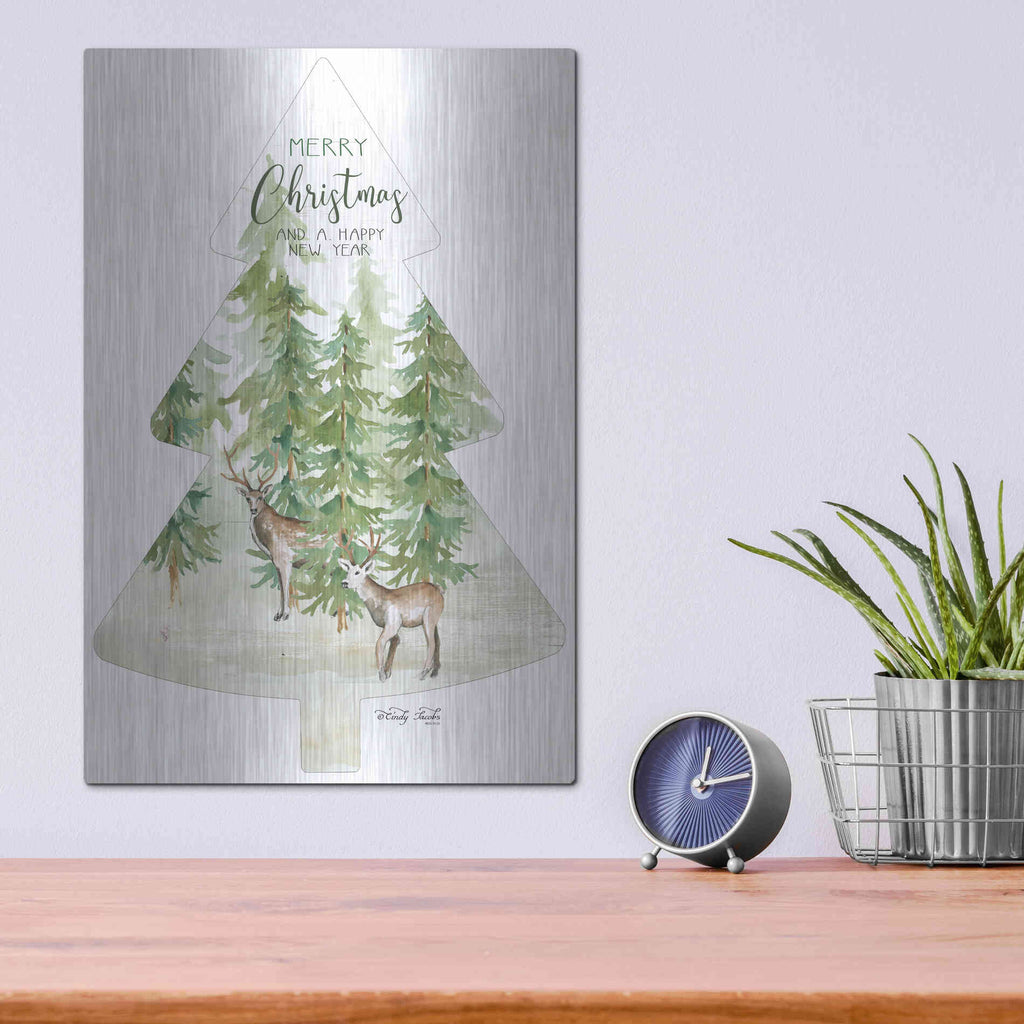 Luxe Metal Art 'Merry Christmas Deer Tree' by Cindy Jacobs, Metal Wall Art,12x16
