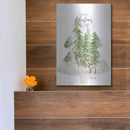 Luxe Metal Art 'Merry Christmas Deer Tree' by Cindy Jacobs, Metal Wall Art,12x16