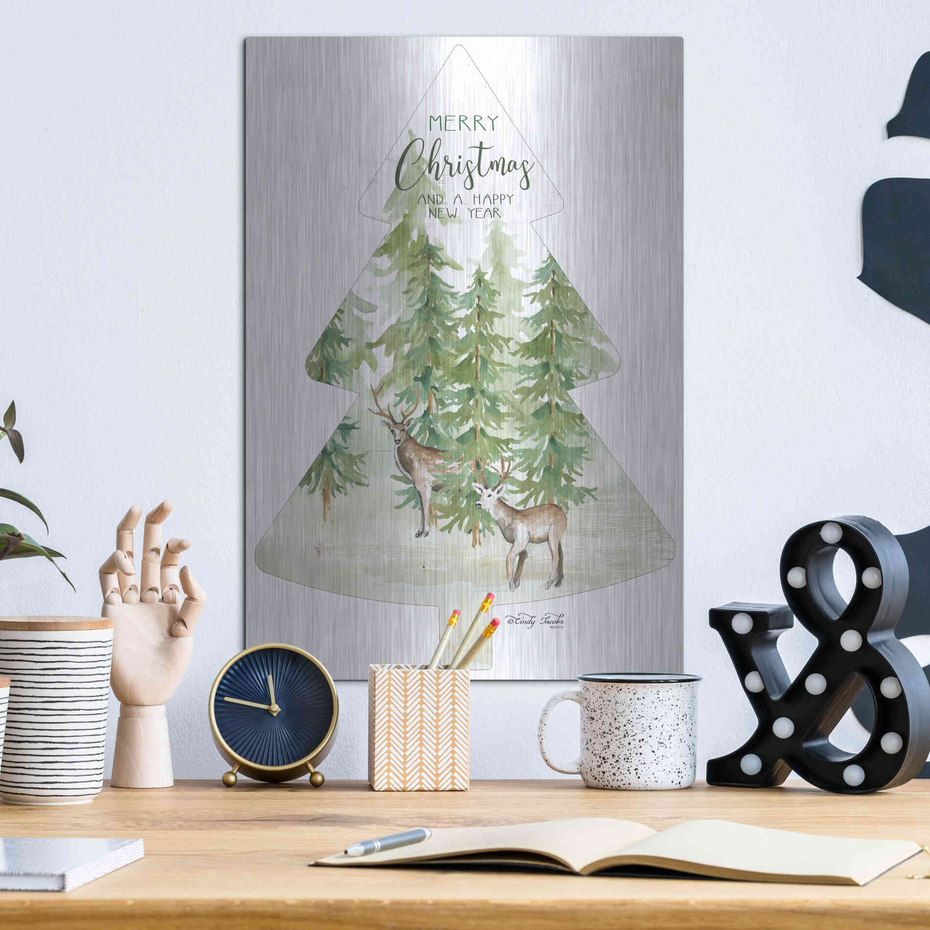 Luxe Metal Art 'Merry Christmas Deer Tree' by Cindy Jacobs, Metal Wall Art,12x16