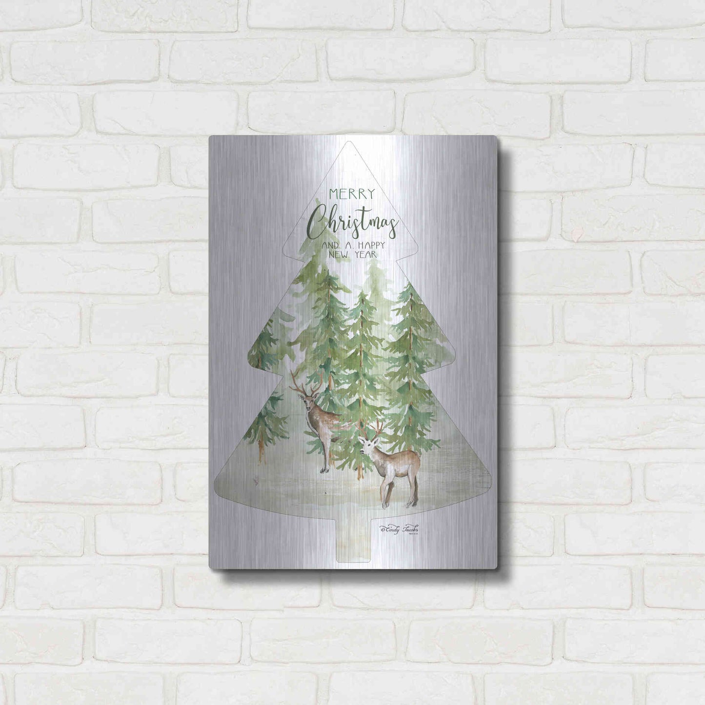 Luxe Metal Art 'Merry Christmas Deer Tree' by Cindy Jacobs, Metal Wall Art,16x24