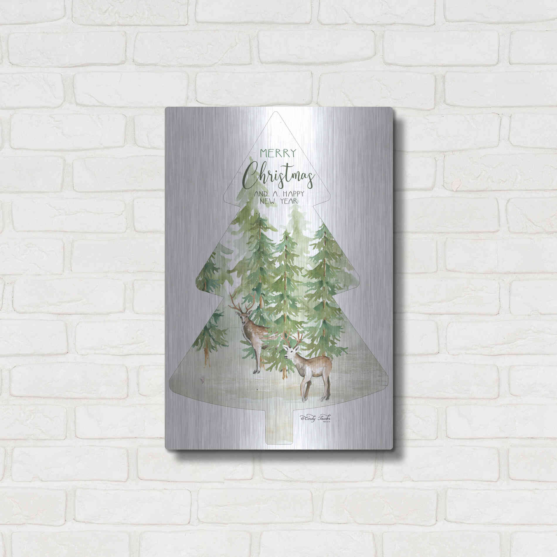 Luxe Metal Art 'Merry Christmas Deer Tree' by Cindy Jacobs, Metal Wall Art,16x24