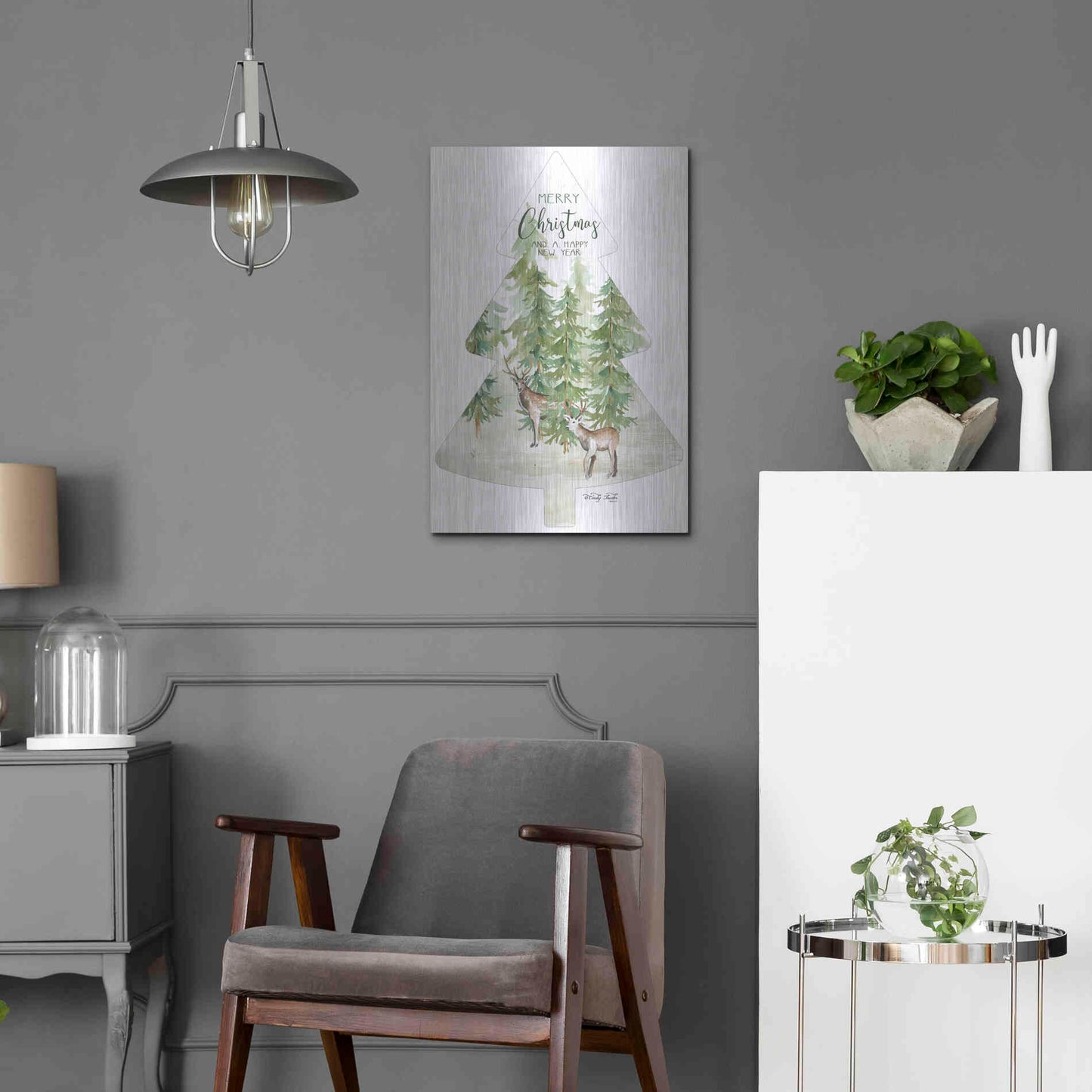 Luxe Metal Art 'Merry Christmas Deer Tree' by Cindy Jacobs, Metal Wall Art,16x24