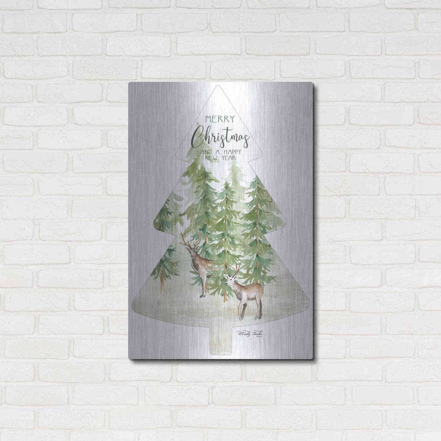 Luxe Metal Art 'Merry Christmas Deer Tree' by Cindy Jacobs, Metal Wall Art,24x36
