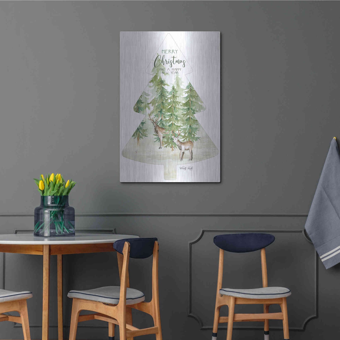 Luxe Metal Art 'Merry Christmas Deer Tree' by Cindy Jacobs, Metal Wall Art,24x36